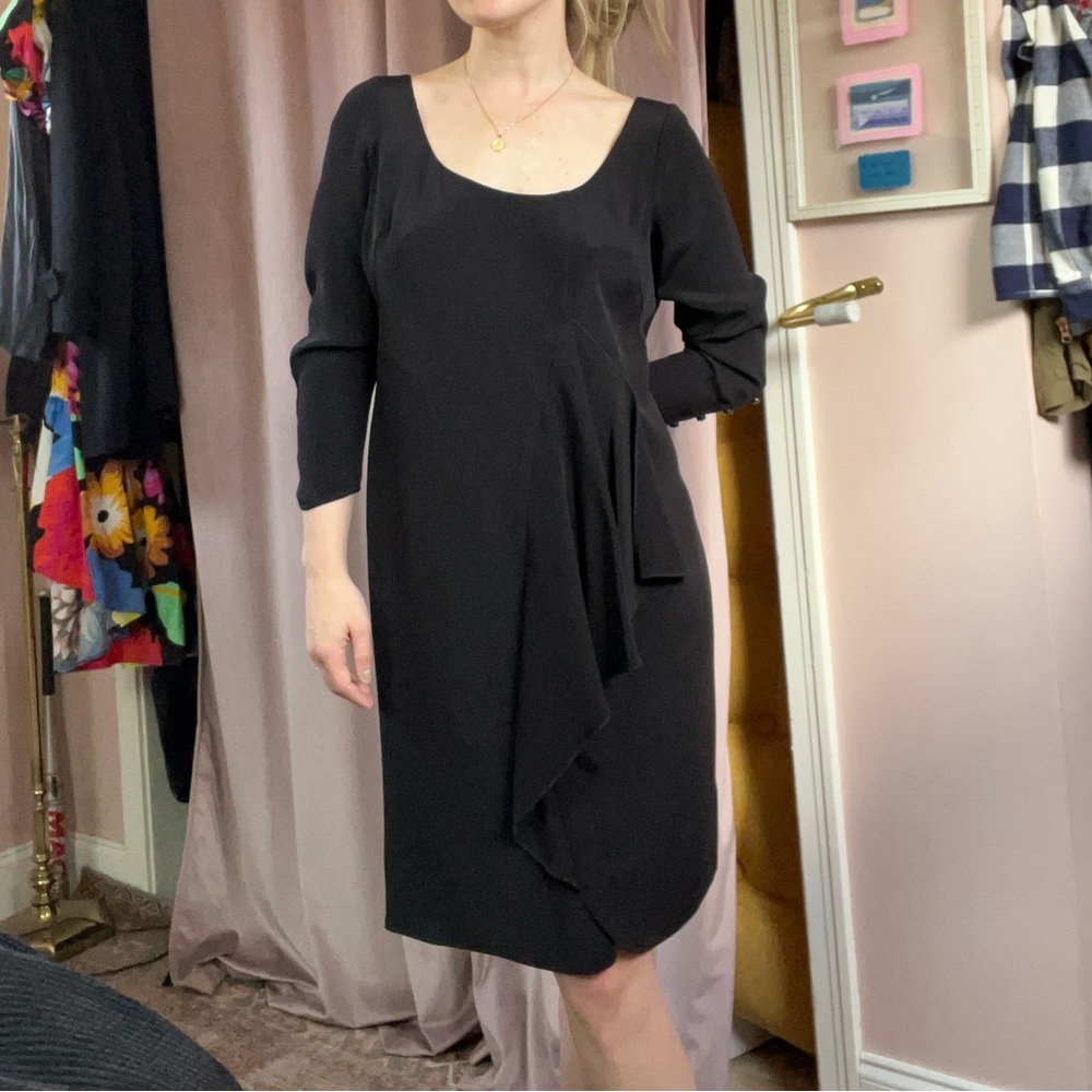 Valentino Vintage Black Scoopneck Silk Long Sleeve Ruffle Front Shift Dress